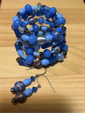 Handmade Periwinkle Blue Beaded Coil Bracelet with Matching Earrings